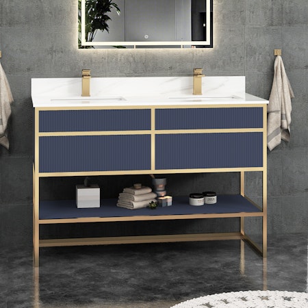 Vienna 1200mm Navy Blue Vanity Unit with Brass Frame & Carrara Marble Top