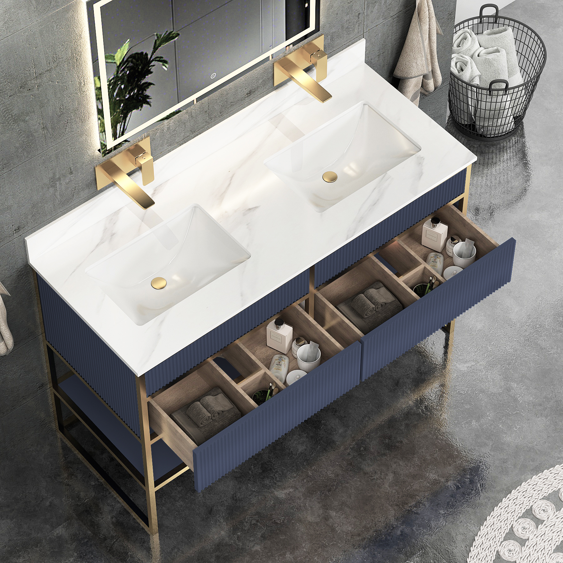 Vienna 1200mm Navy Blue Vanity Unit with Brushed Brass Frame & Carrara White Top