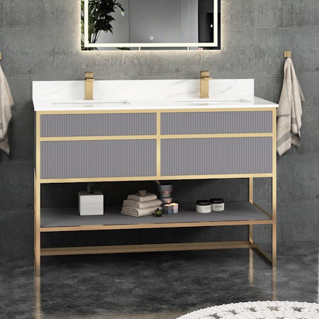 Vienna 1200mm Rock Grey Vanity Unit with Brushed Brass Frame & Carrara White Top