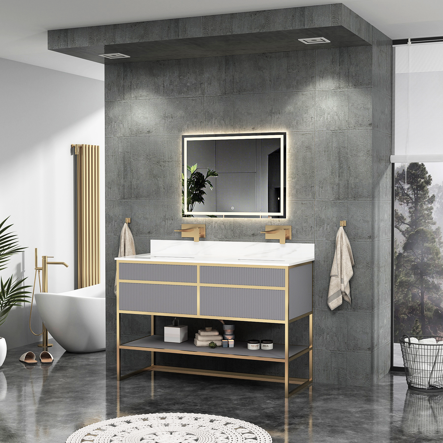 Vienna 1200mm Rock Grey Vanity Unit with Brushed Brass Frame & Carrara White Top