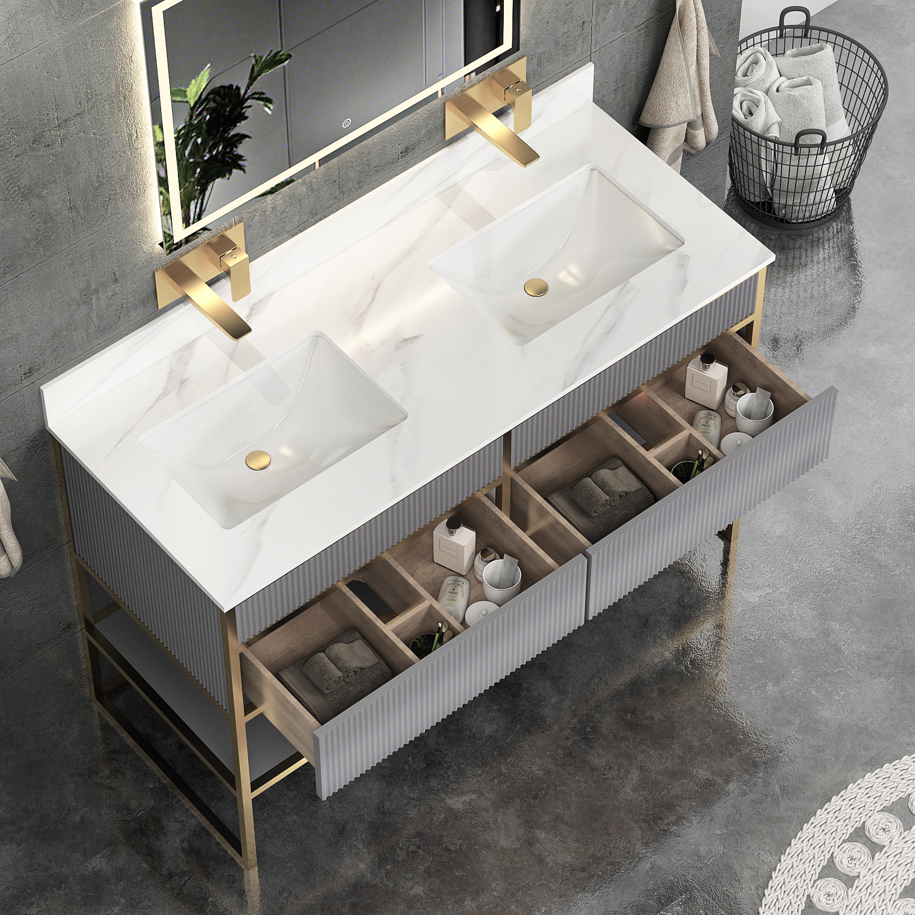 Vienna 1200mm Rock Grey Vanity Unit with Brushed Brass Frame & Carrara White Top