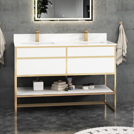 Vienna 1200mm Push Drawers Vanity Unit with Brushed Brass Frame & Carrara White Top