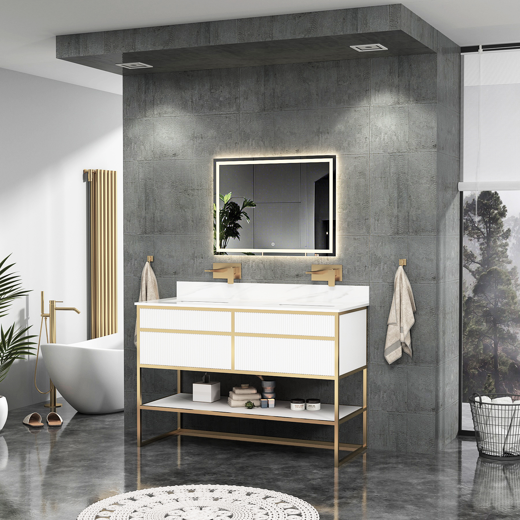 Vienna 1200mm Matt White Vanity Unit with Brushed Brass Frame & Carrara White Top