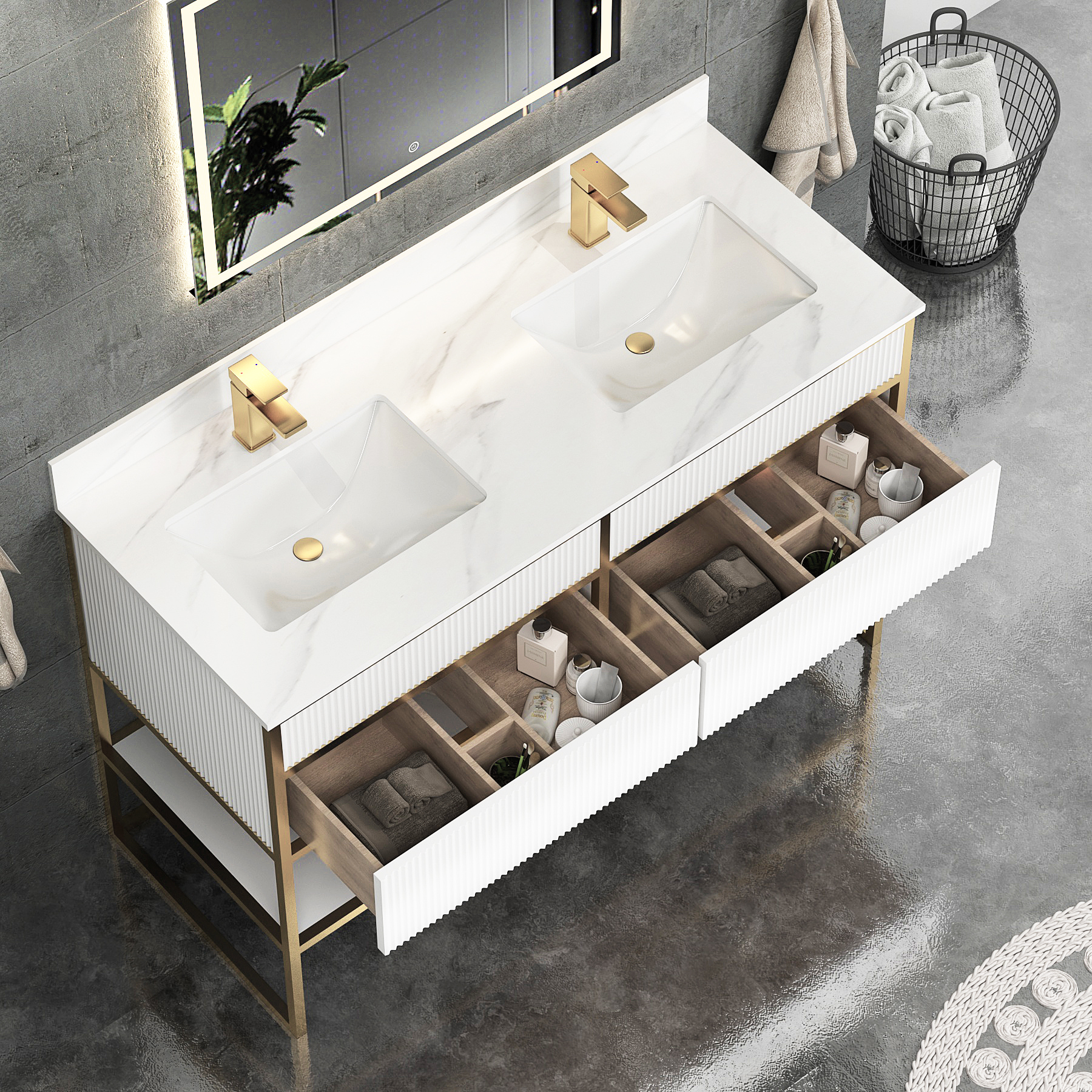 Vienna 1200mm Matt White Vanity Unit with Brushed Brass Frame & Carrara White Top