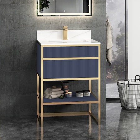 Vienna 600mm Navy Blue Vanity Unit with Brushed Brass Frame & Carrara White Top