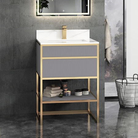 Vienna 600mm Rock Grey Vanity Unit with Brushed Brass Frame & Carrara White Top