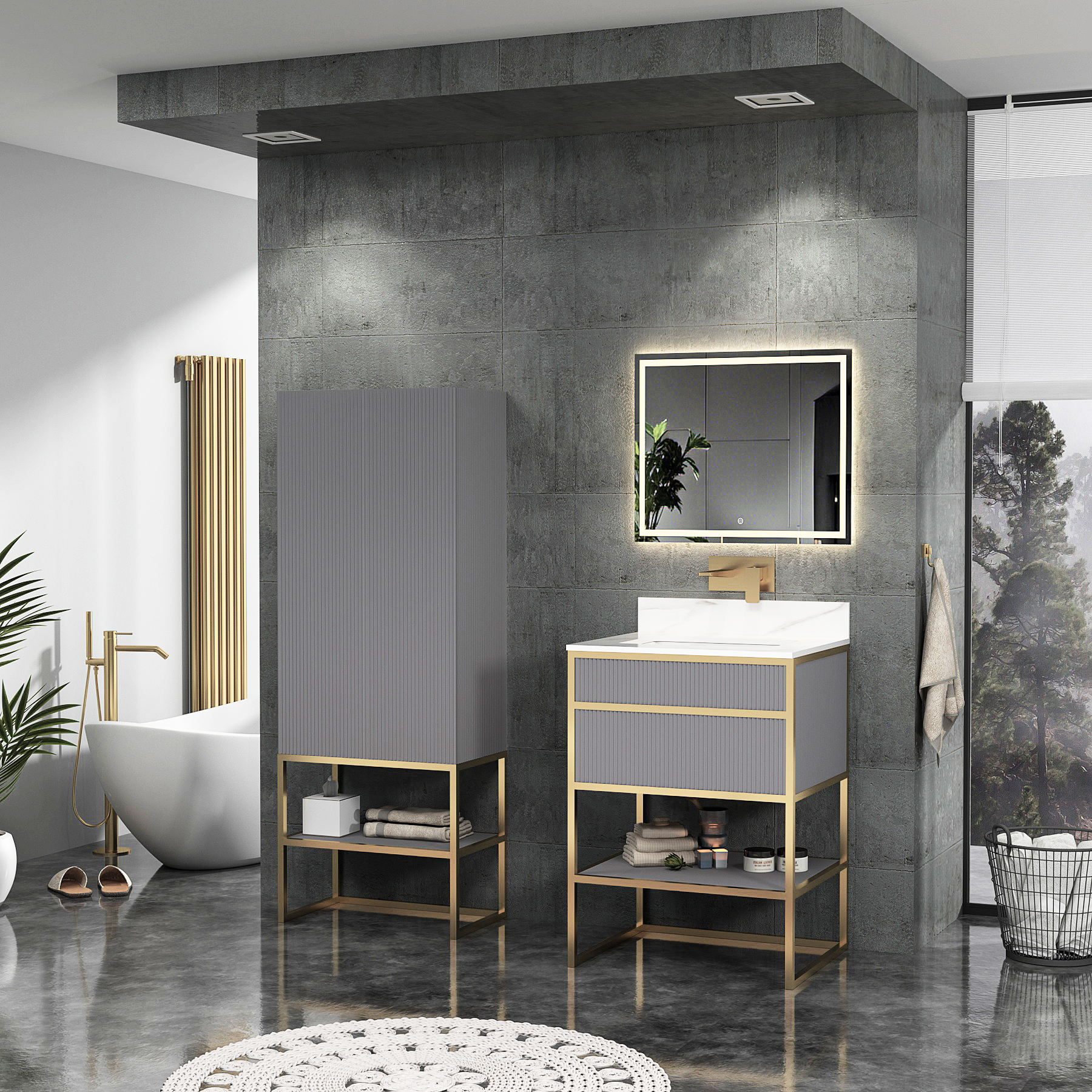 Vienna 600mm Rock Grey Vanity Unit with Brushed Brass Frame & Carrara White Top