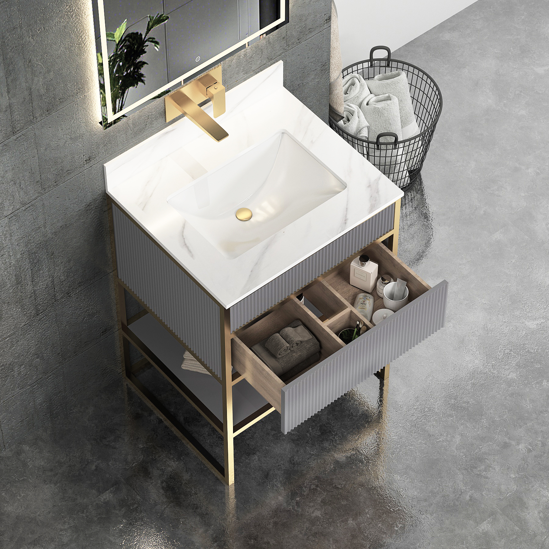 Vienna 600mm Rock Grey Vanity Unit with Brushed Brass Frame & Carrara White Top