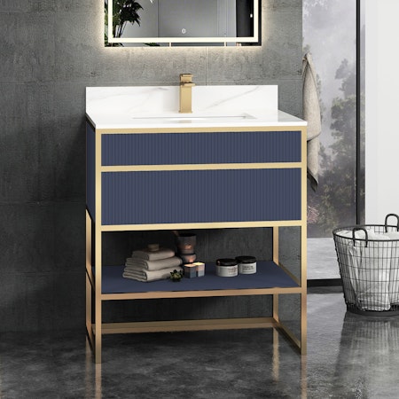 Vienna 750mm Navy Blue Vanity Unit with Brass Frame & Carrara Marble Top