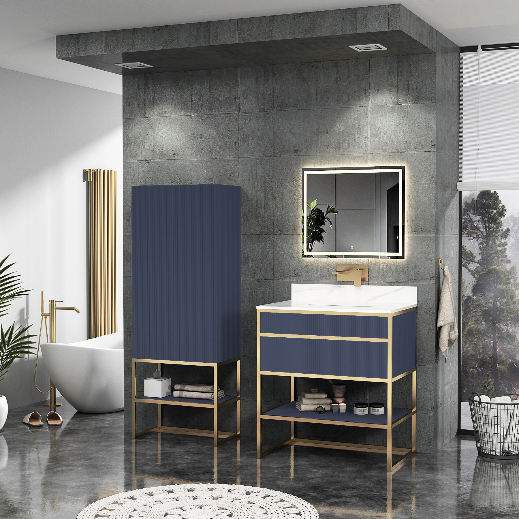 Vienna 750mm Navy Blue Vanity Unit with Brushed Brass Frame & Carrara White Top