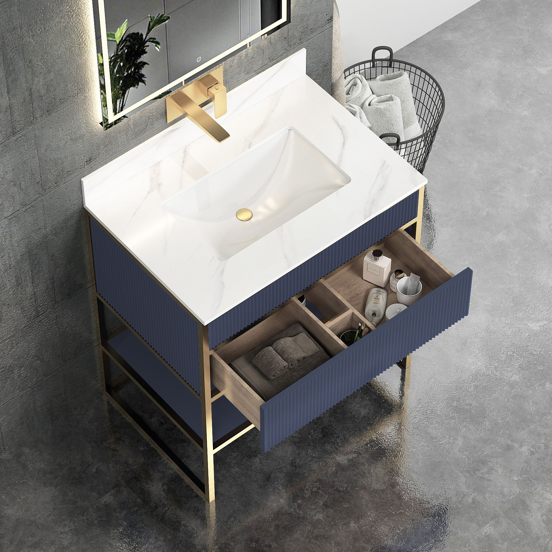 Vienna 750mm Navy Blue Vanity Unit with Brushed Brass Frame & Carrara White Top