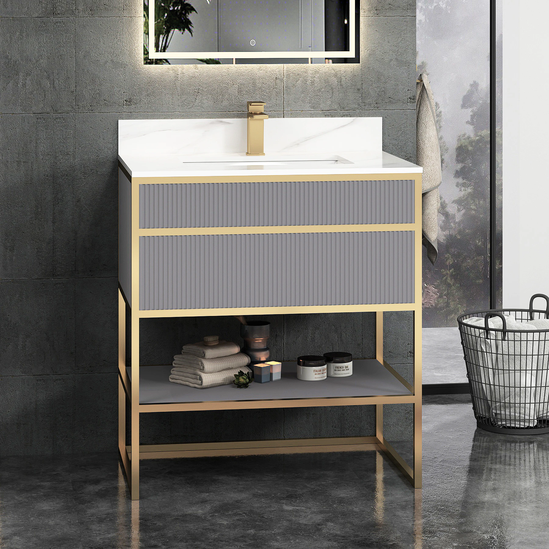 Vienna Rock Grey Push Drawer Vanity Unit with Brushed Brass Frame & Carrara White Top