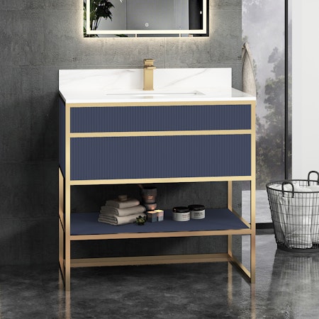 Vienna 900mm Navy Blue Vanity Unit with Brass Frame & Carrara Marble Top