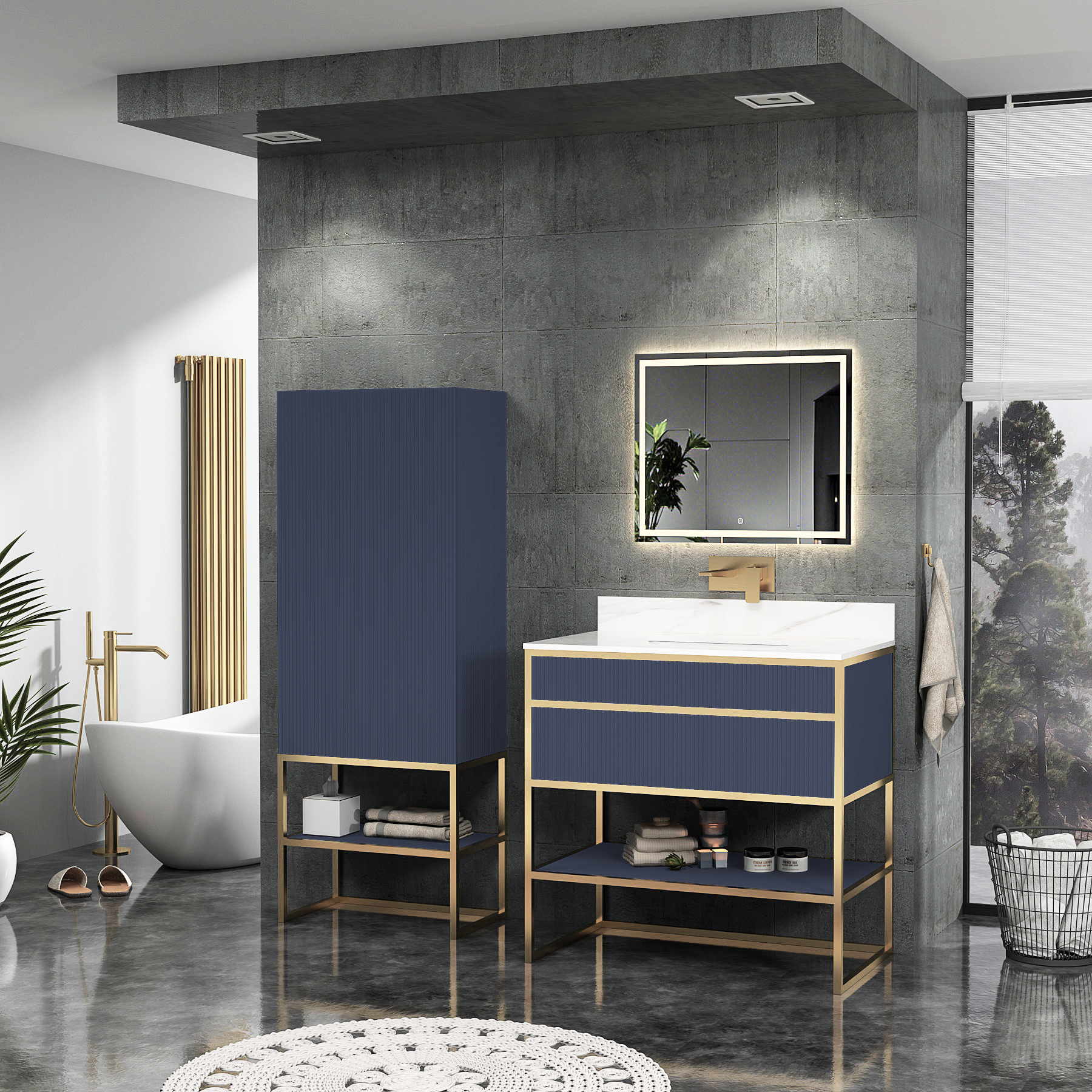Vienna Navy Blue Push Drawer Vanity Unit with Brushed Brass Frame & Carrara White Top