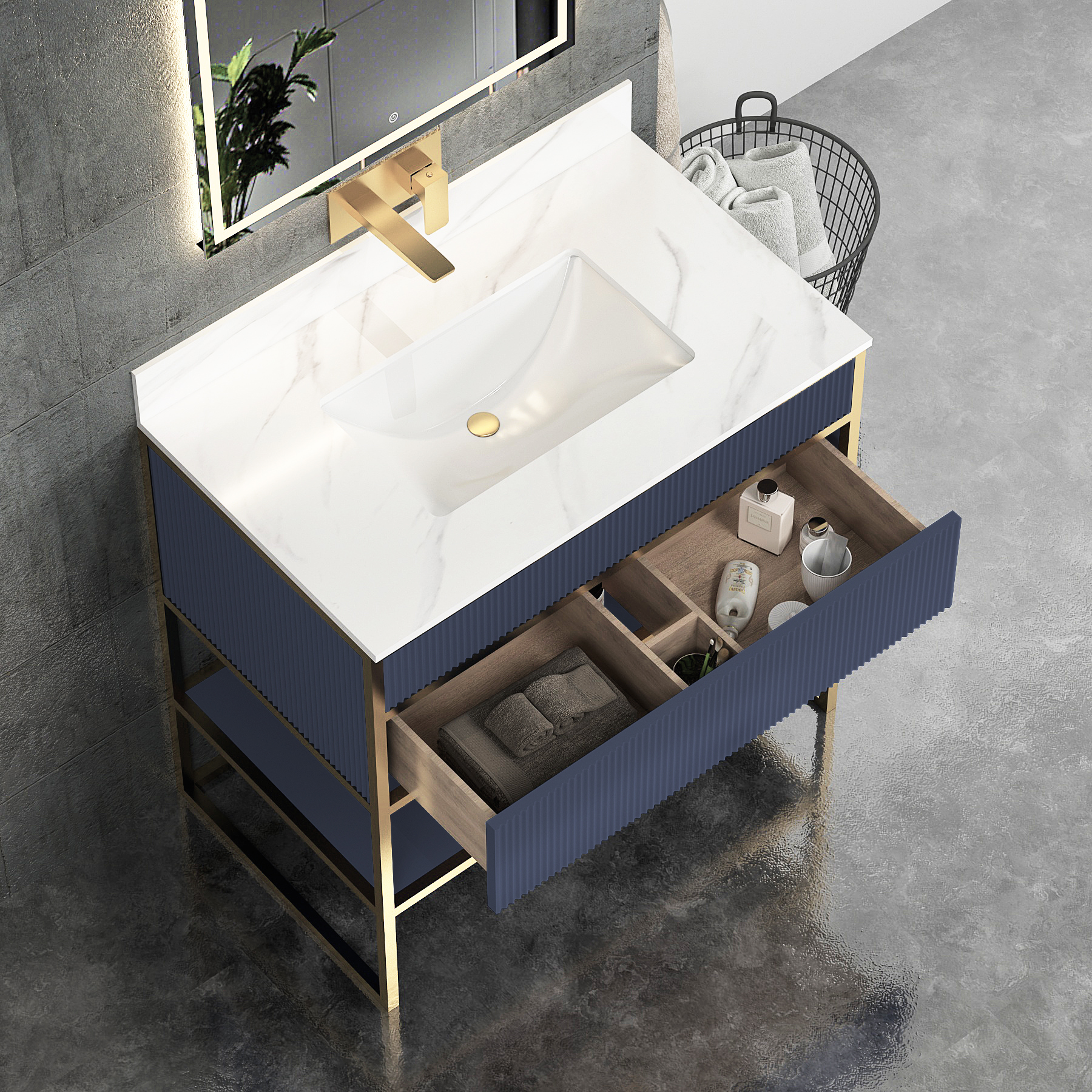 Vienna Navy Blue Push Drawer Vanity Unit with Brushed Brass Frame ...
