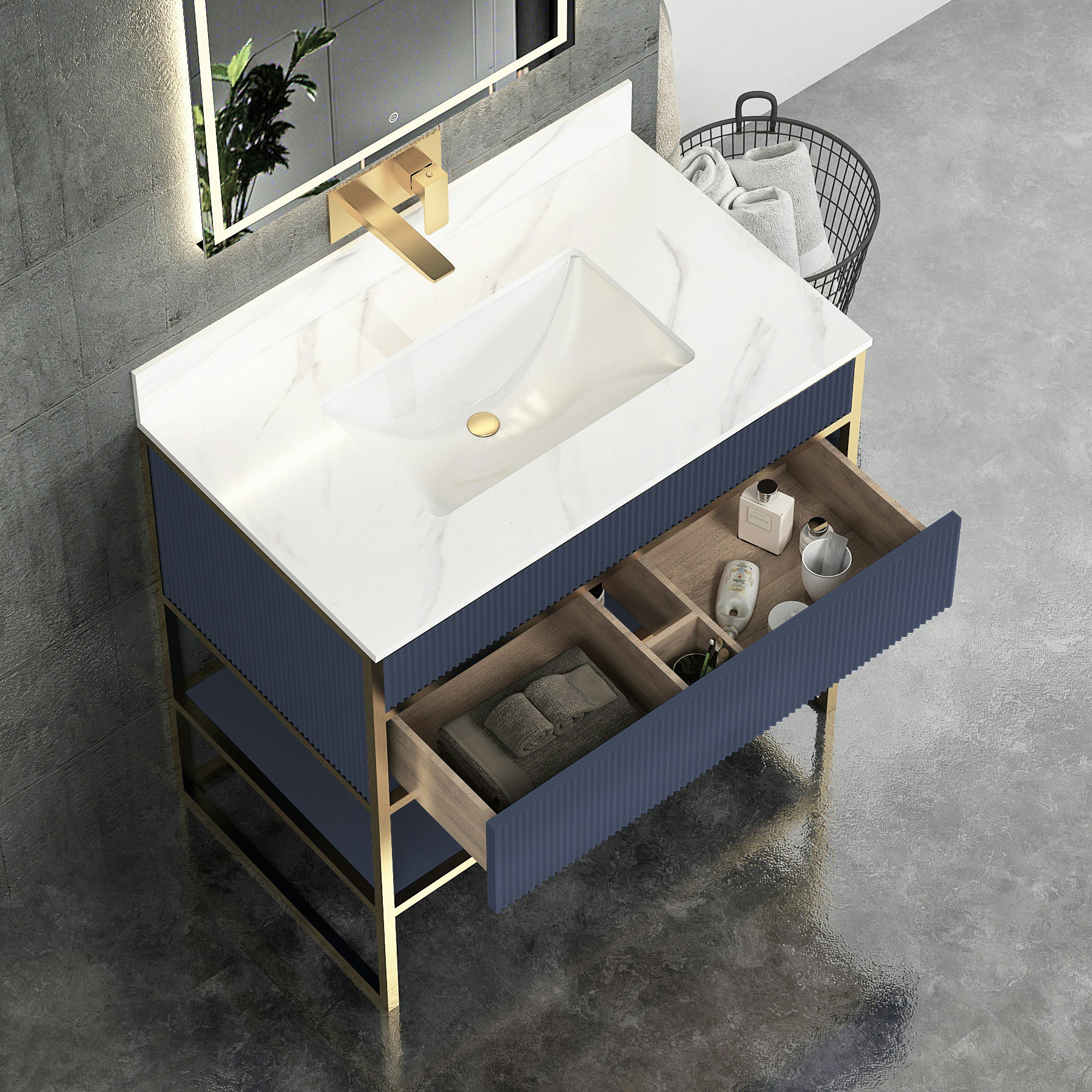 Vienna 900mm Navy Blue Vanity Unit with Brushed Brass Frame & Carrara White Top