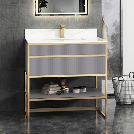 Vienna 900mm Rock Grey Vanity Unit with Brushed Brass Frame & Carrara White Top