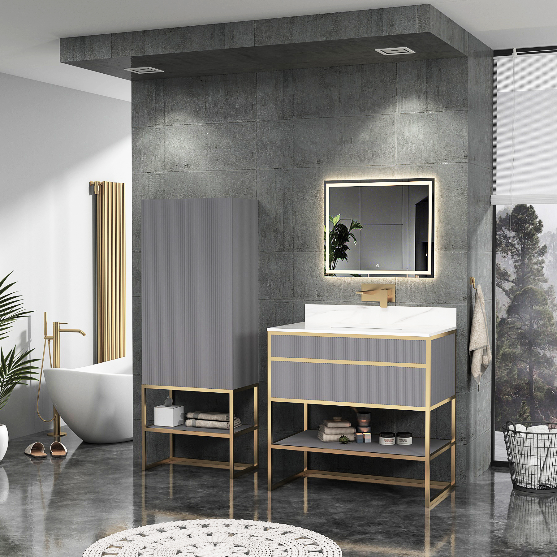 Vienna 900mm Rock Grey Vanity Unit with Brushed Brass Frame & Carrara White Top