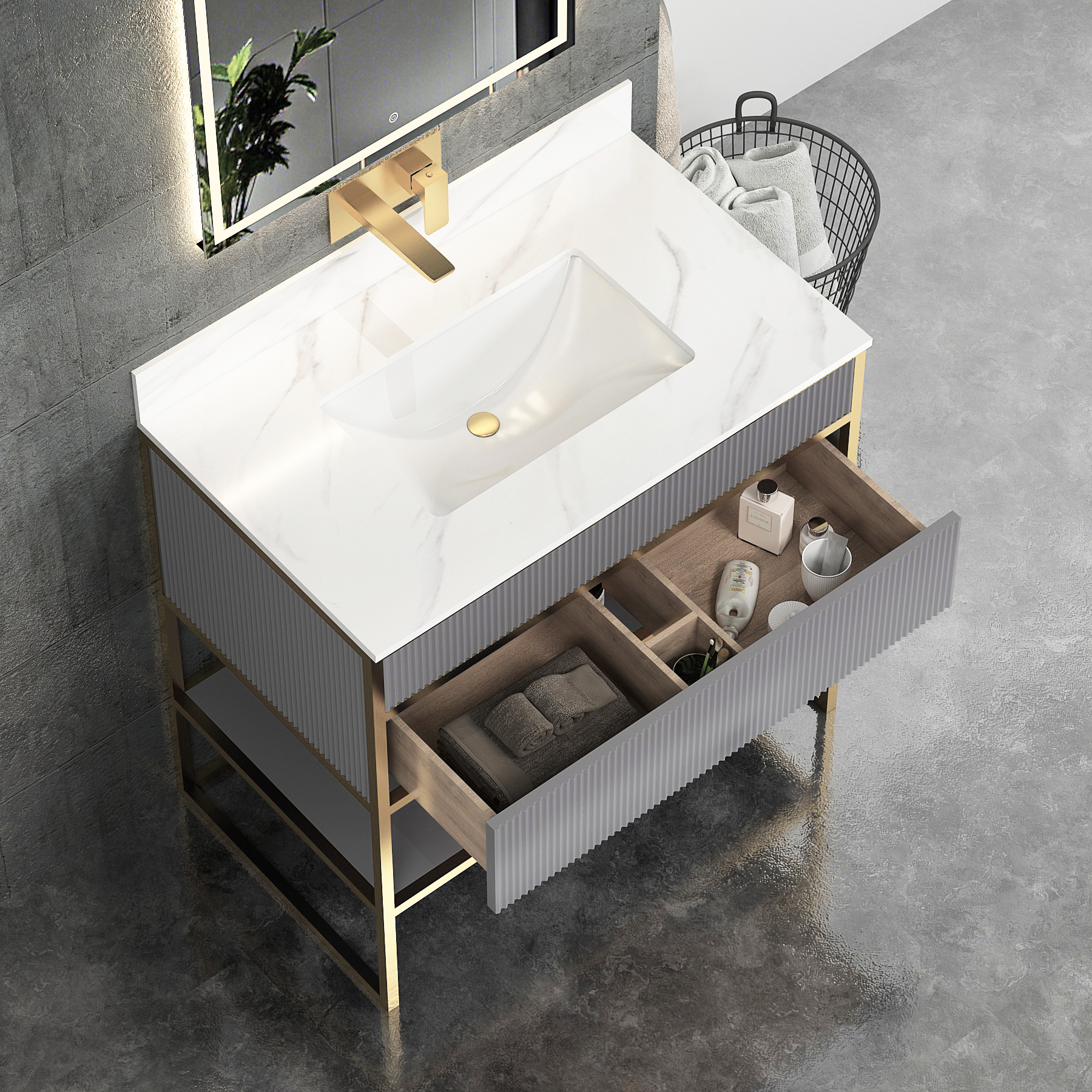 Vienna 900mm Rock Grey Vanity Unit with Brushed Brass Frame & Carrara White Top