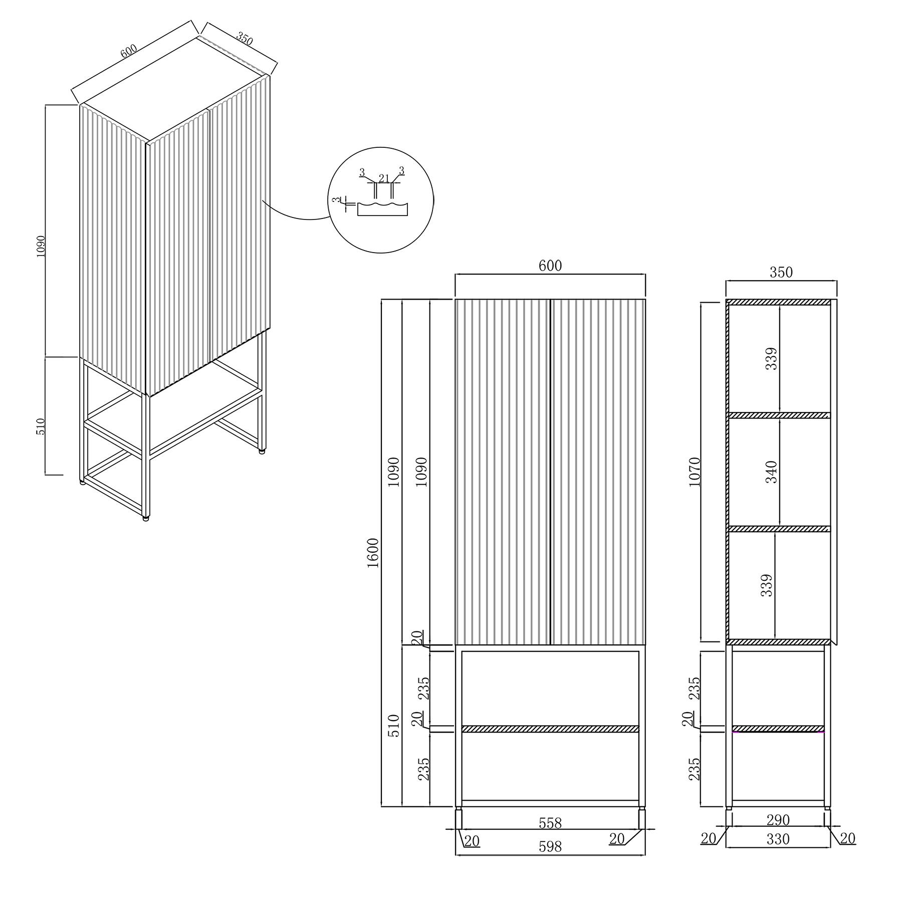 Vienna 1600mm Matt White Push Open Doors Tall Boy Unit with Brushed Brass Frame