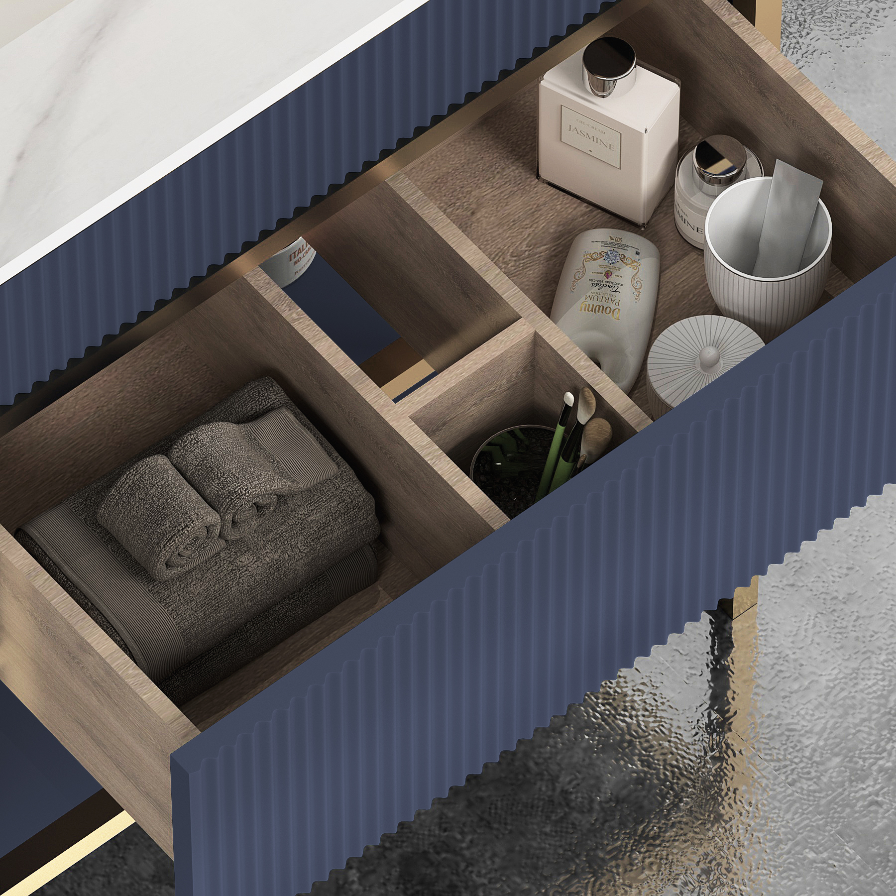 Vienna 750mm Navy Blue Vanity Unit with Brushed Brass Frame & Pandora Top