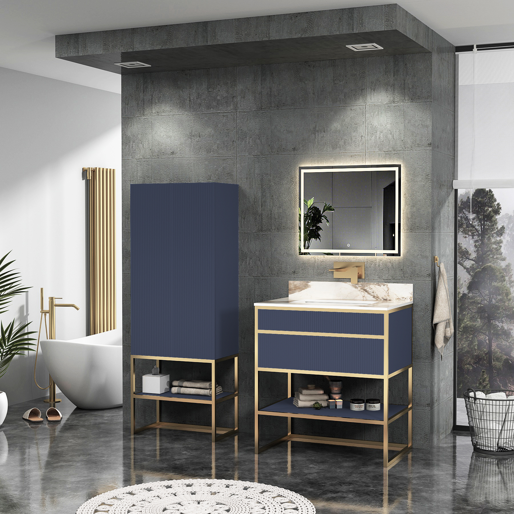 Vienna 750mm Navy Blue Vanity Unit with Brushed Brass Frame & Pandora Top