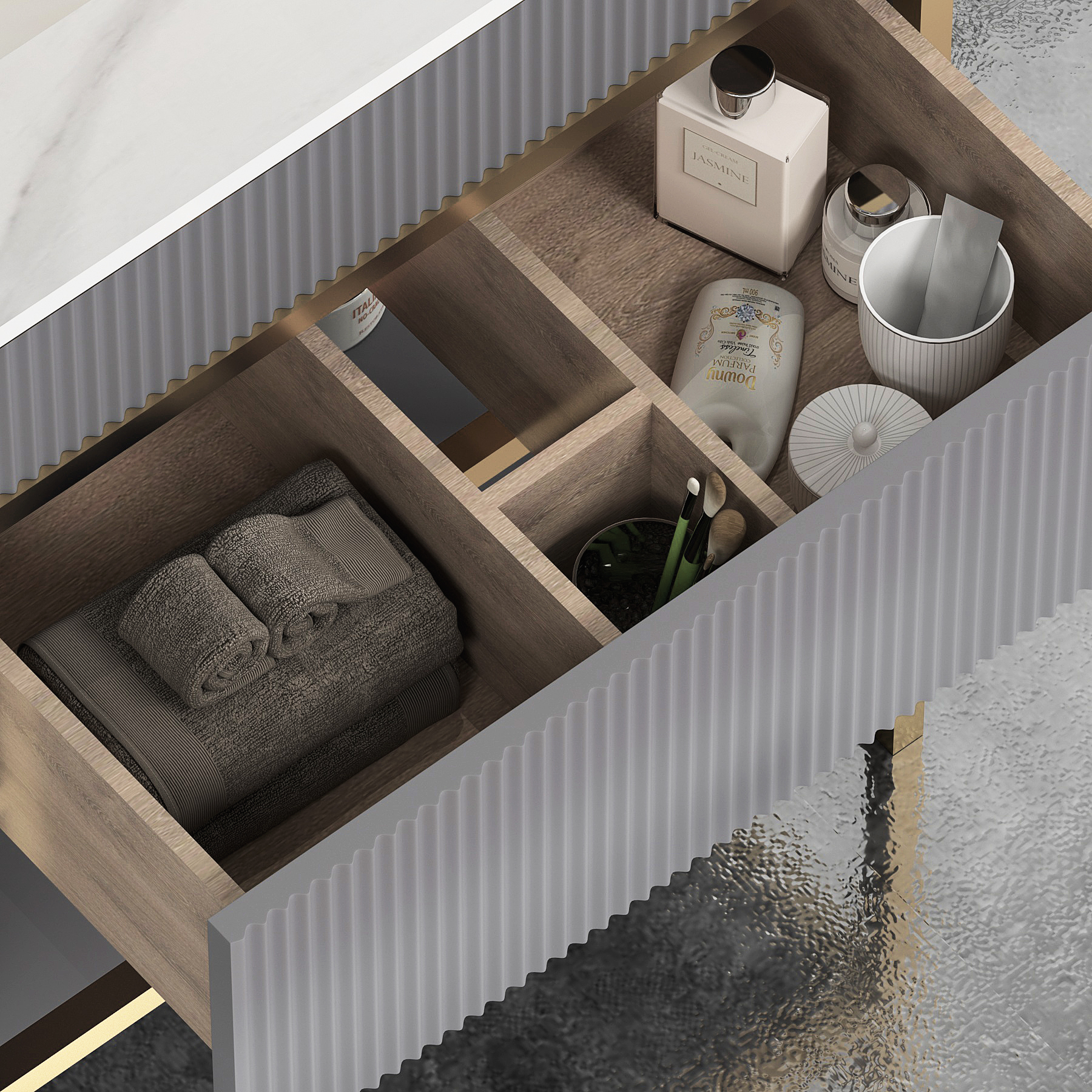 Vienna Rock Grey Push Drawer Vanity Unit with Brushed Brass Frame & Pandora Top