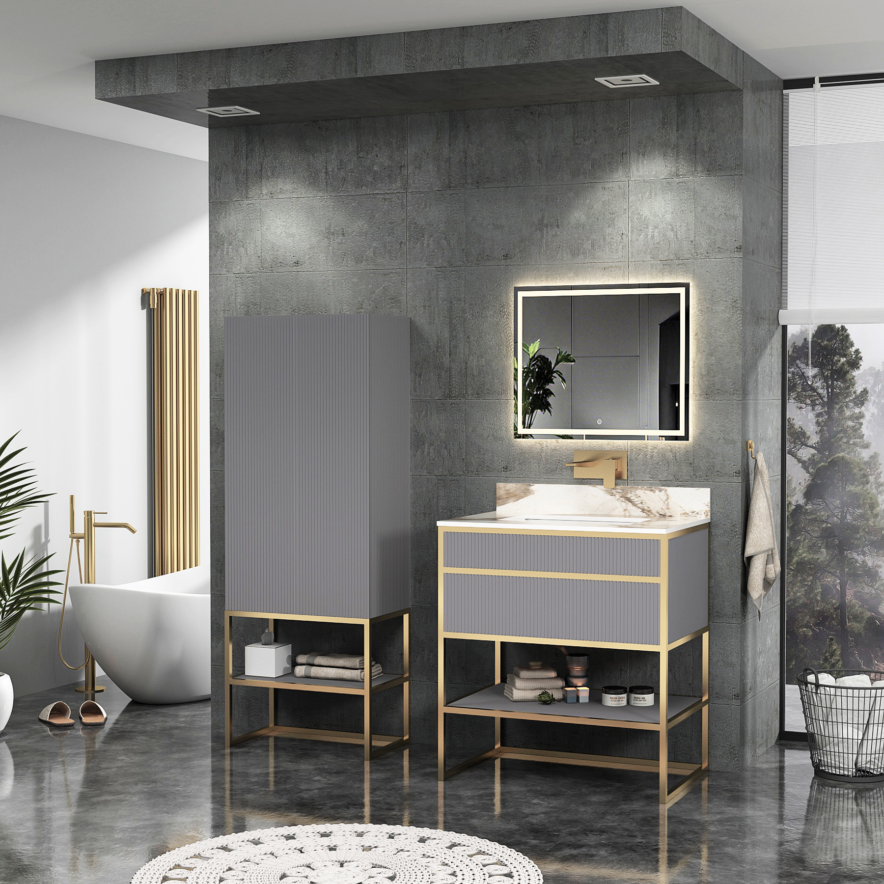 Vienna Rock Grey Push Drawer Vanity Unit with Brushed Brass Frame & Pandora Top