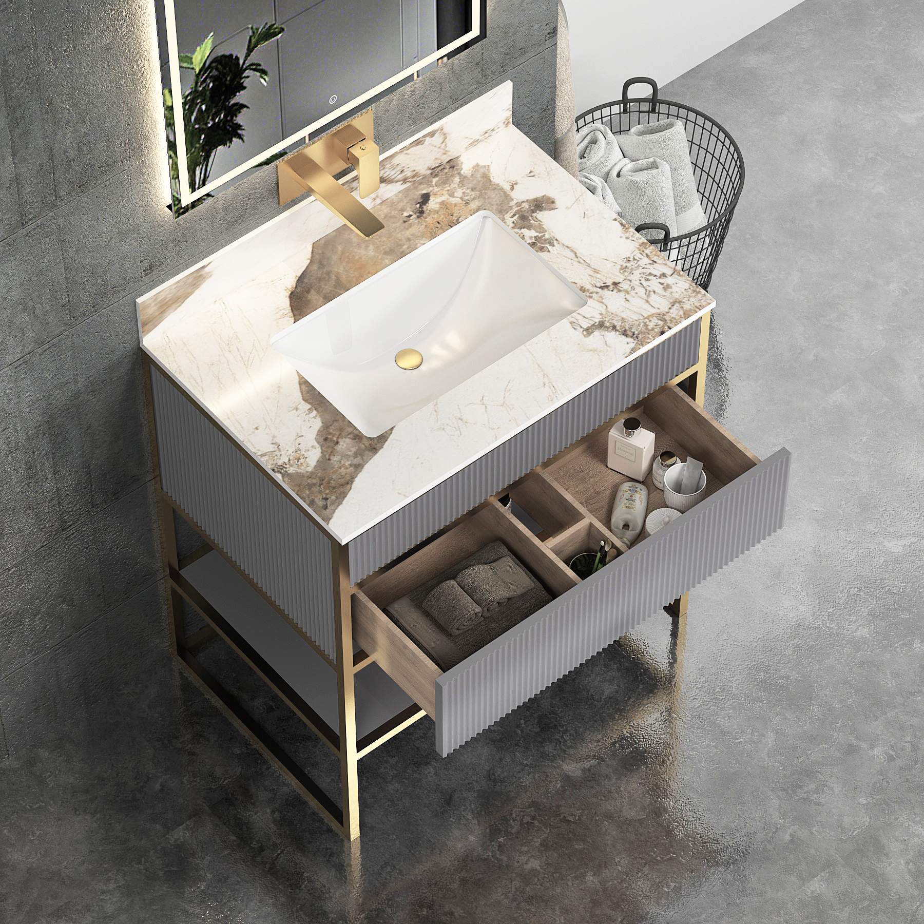 Vienna Rock Grey Push Drawer Vanity Unit with Brushed Brass Frame & Pandora Top