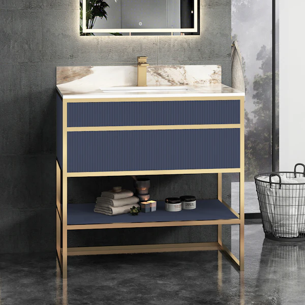 Vienna Navy Blue Push Drawer Vanity Unit with Brass Frame & Pandora Marble Top