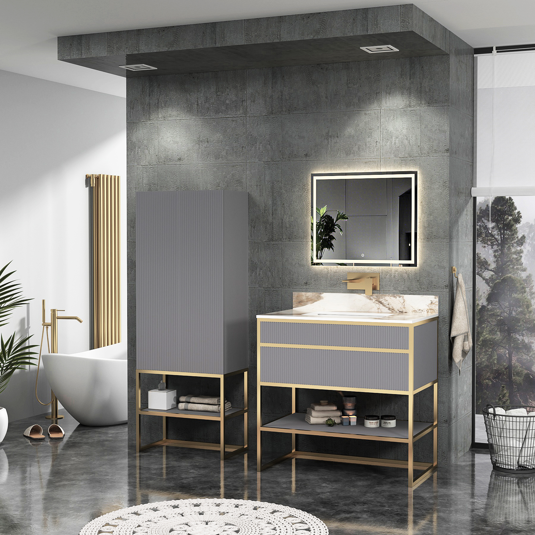 Vienna 900mm Rock Grey Vanity Unit with Brushed Brass Frame & Pandora Top