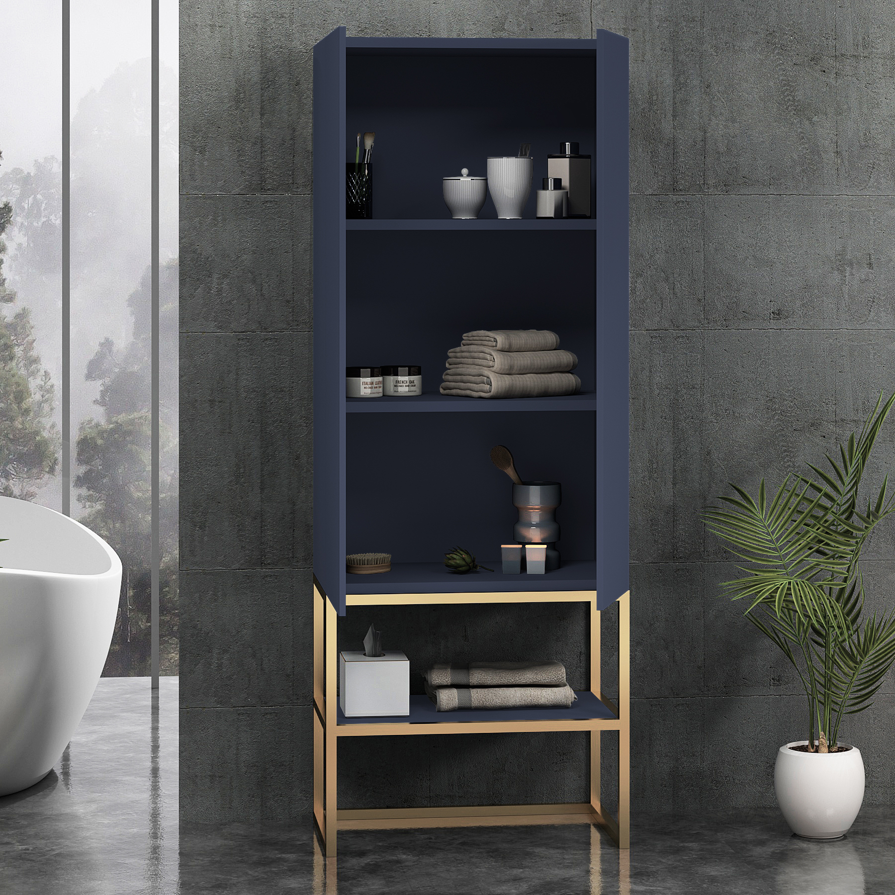 Vienna 1600mm Navy Blue Push Open Doors Tall Boy Unit with Brushed Brass Frame