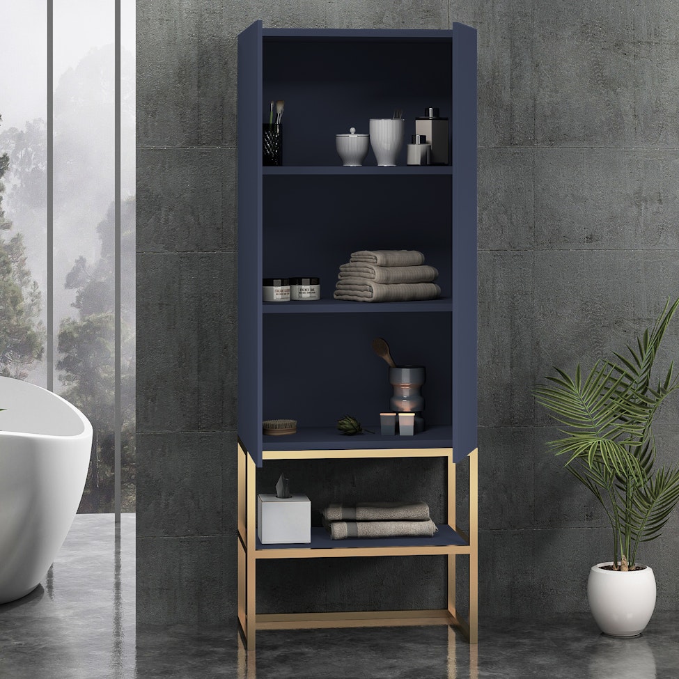 Vienna 1600mm Navy Blue Push Open Doors Tall Boy Unit with Brushed Brass Frame