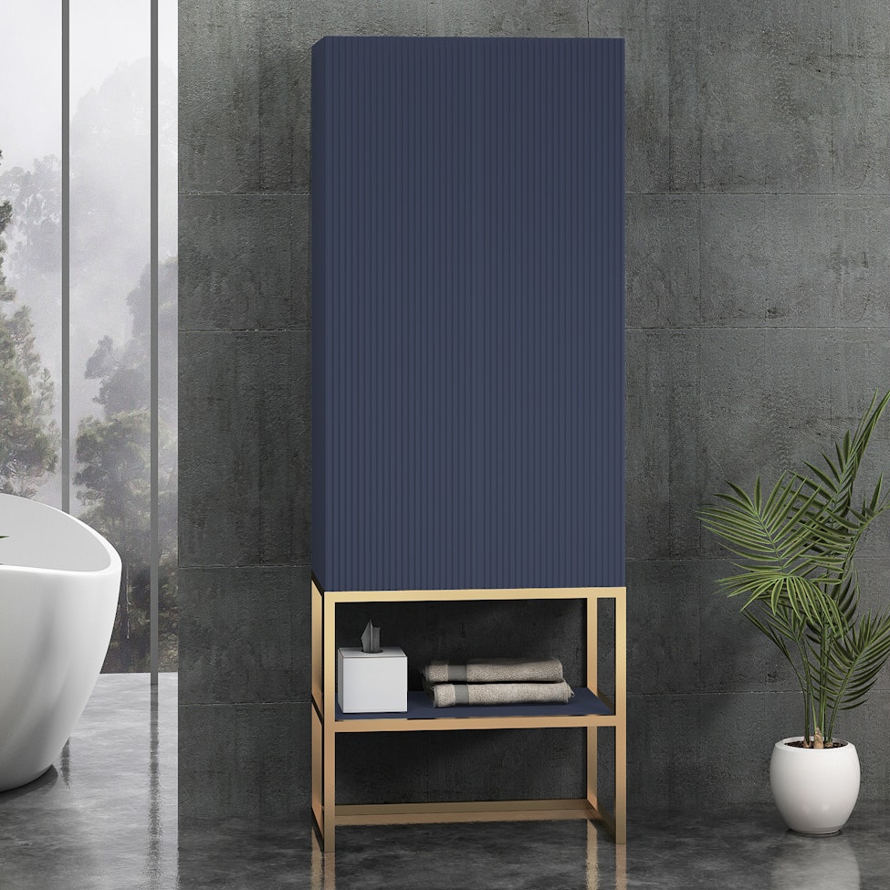 Vienna 1600mm Navy Blue Push Open Doors Tall Boy Unit with Brushed Brass Frame