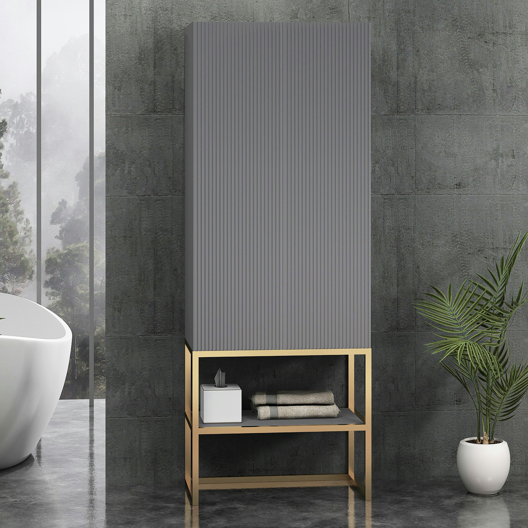 Vienna 1600mm Rock Grey Push Open Doors Tall Boy Unit with Brushed Brass Frame