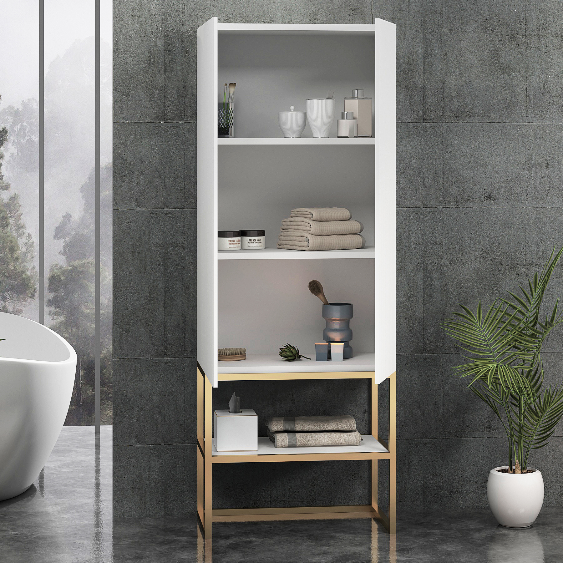Vienna 1600mm Matt White Push Open Doors Tall Boy Unit with Brushed Brass Frame