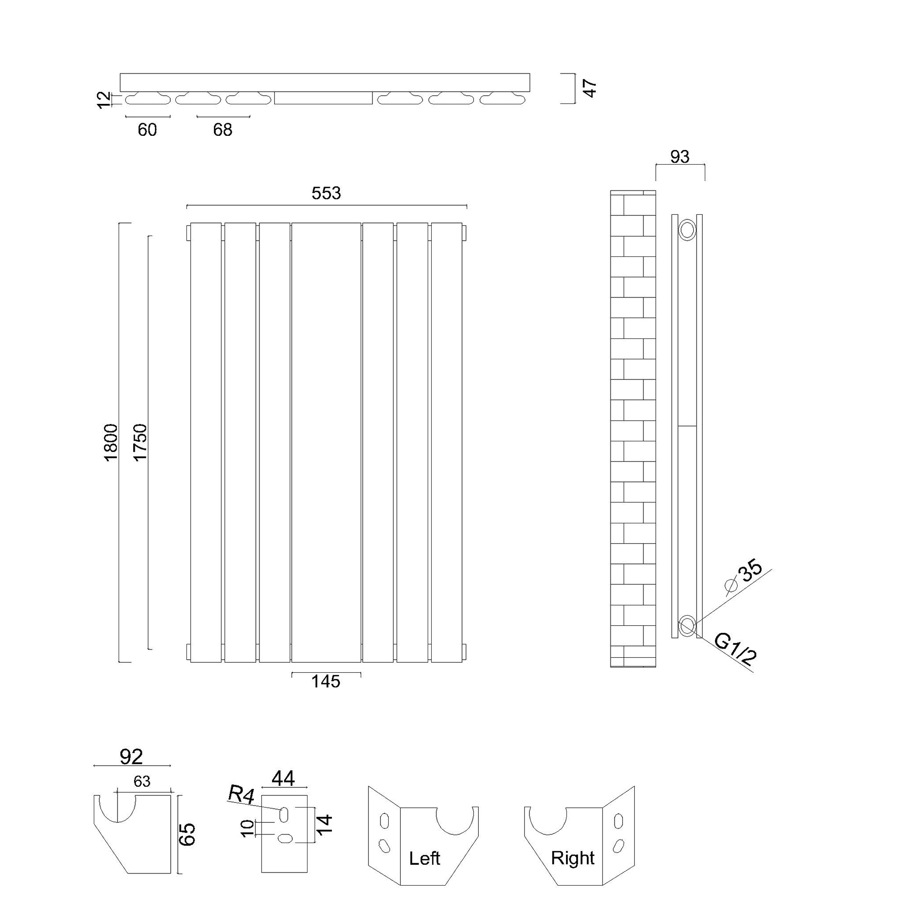 Aurexa Anthracite Vertical Mirror Designer Radiator - Single Flat Panel