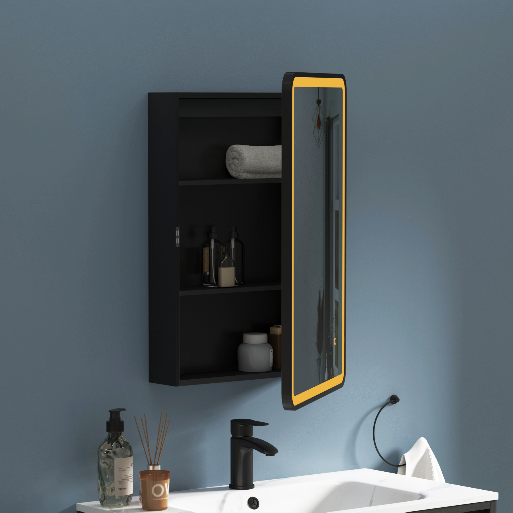 Avenza Matt Black Frontlit LED Cabinet Illuminated Mirror with Demister Pad & Touch Sensor