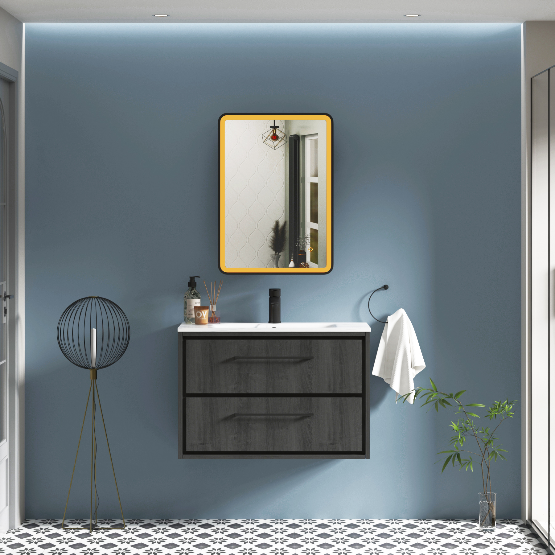 Avenza Matt Black Frontlit LED Cabinet Illuminated Mirror with Demister Pad & Touch Sensor