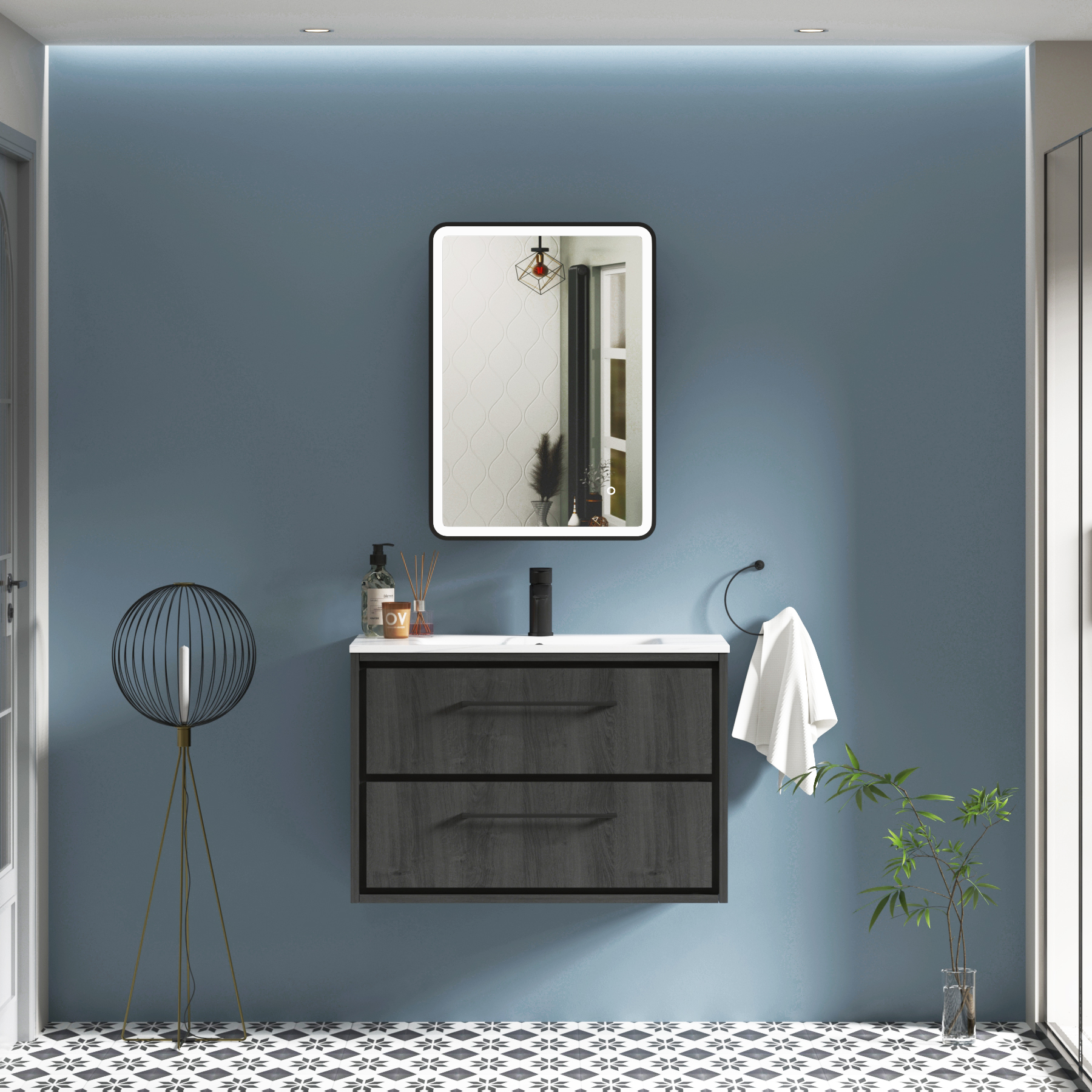 Avenza Matt Black Frontlit LED Cabinet Illuminated Mirror with Demister Pad & Touch Sensor