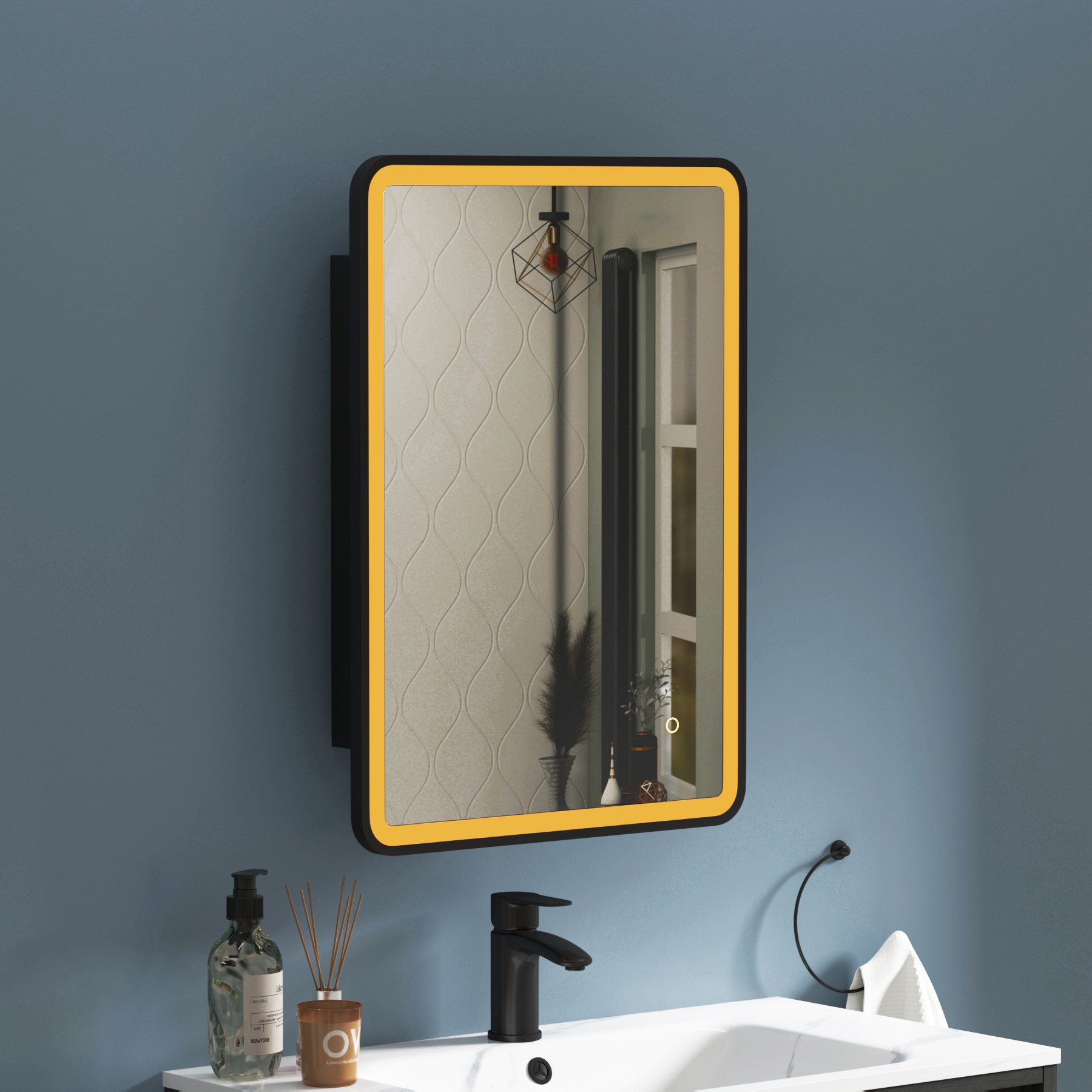 Avenza Matt Black Frontlit LED Cabinet Illuminated Mirror with Demister Pad & Touch Sensor