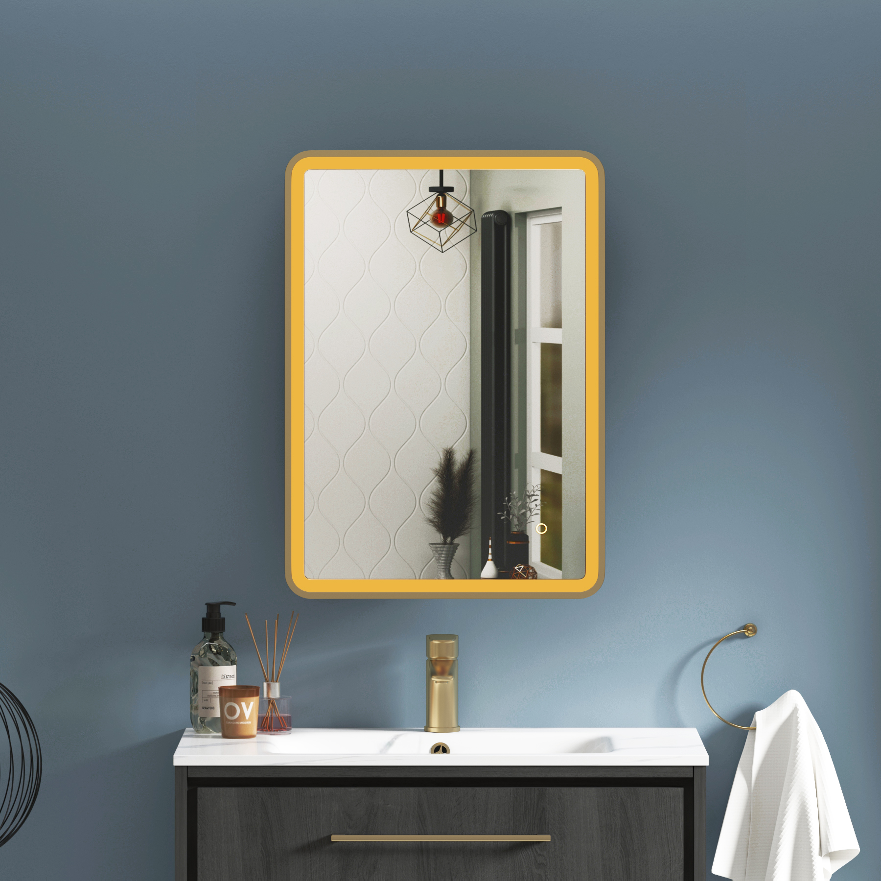 Avenza Brushed Brass Frontlit LED Cabinet Illuminated Framed Mirror with Demister Pad & Touch Sensor