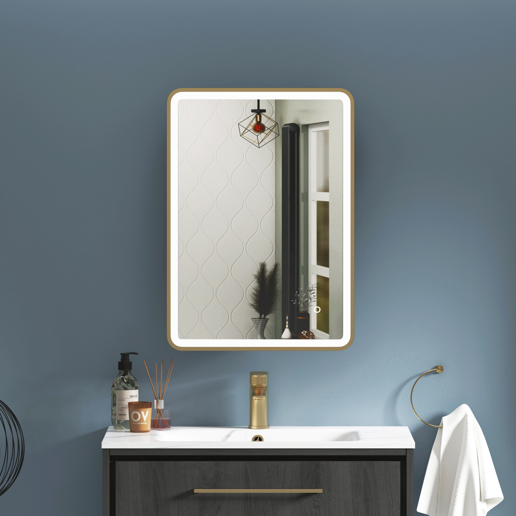Avenza 500 x 700mm Brushed Brass Frontlit LED Cabinet Illuminated Framed Mirror with Demister Pad & Touch Sensor