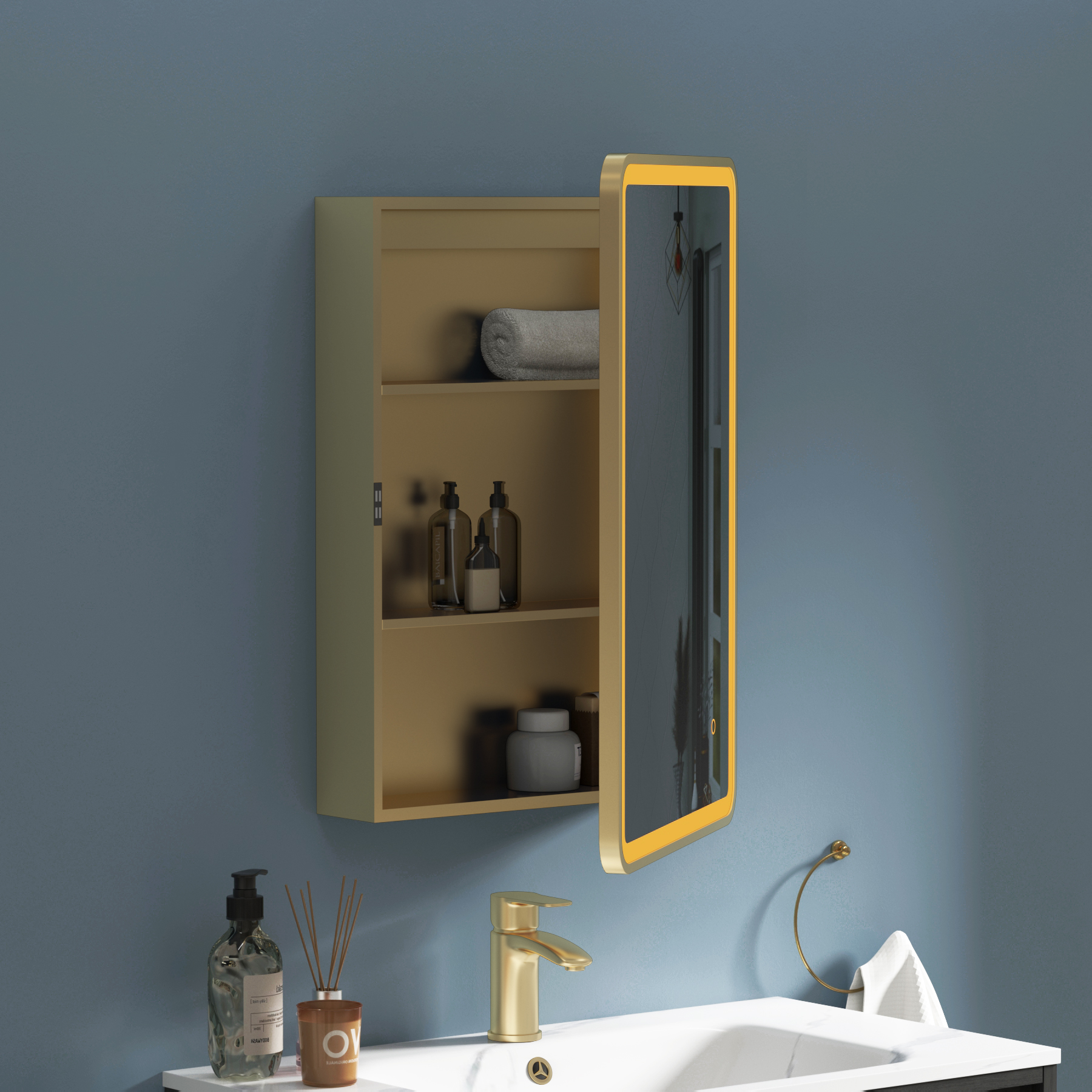 Avenza Brushed Brass Frontlit LED Cabinet Illuminated Framed Mirror with Demister Pad & Touch Sensor