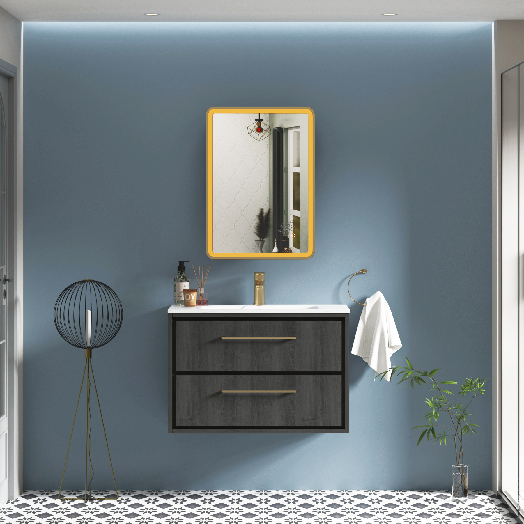 Avenza Brushed Brass Frontlit LED Cabinet Illuminated Framed Mirror with Demister Pad & Touch Sensor
