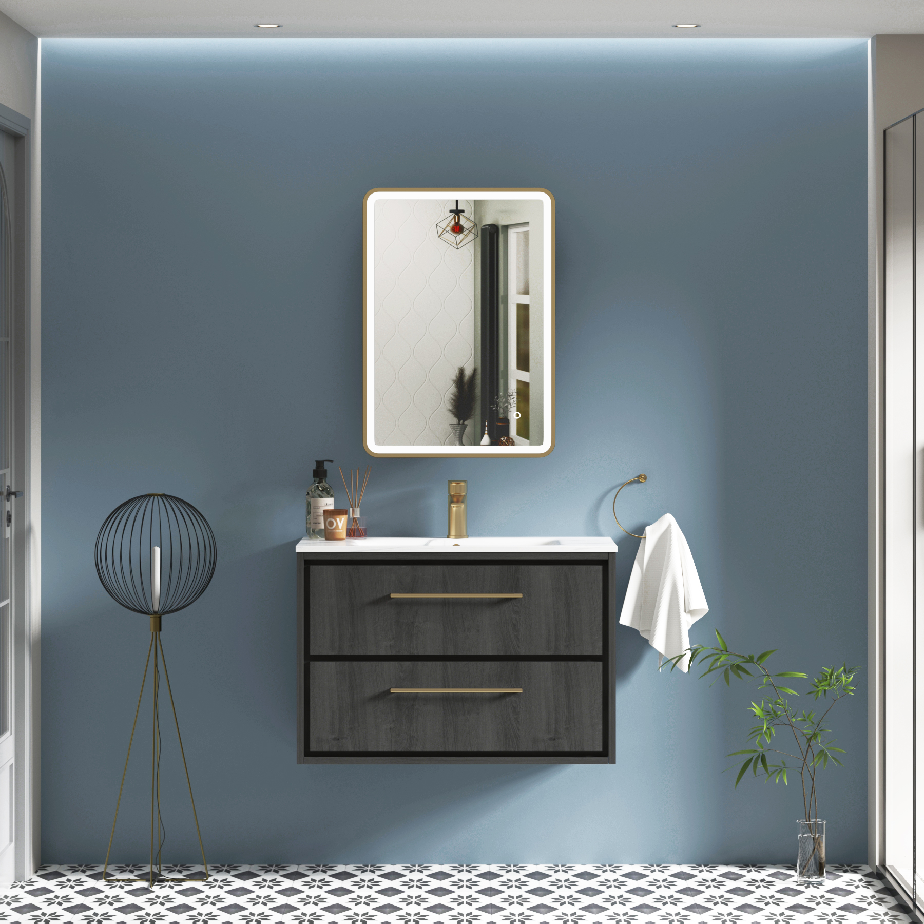 Avenza Brushed Brass Frontlit LED Cabinet Illuminated Framed Mirror with Demister Pad & Touch Sensor