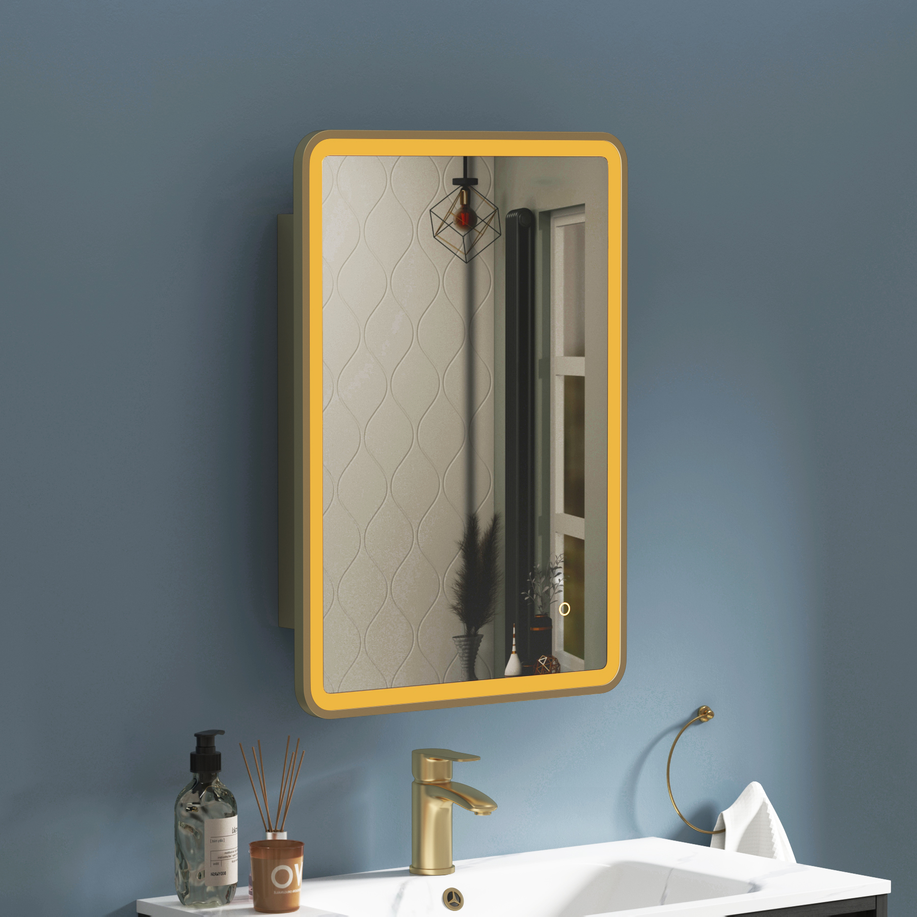 Avenza Brushed Brass Frontlit LED Cabinet Illuminated Framed Mirror with Demister Pad & Touch Sensor