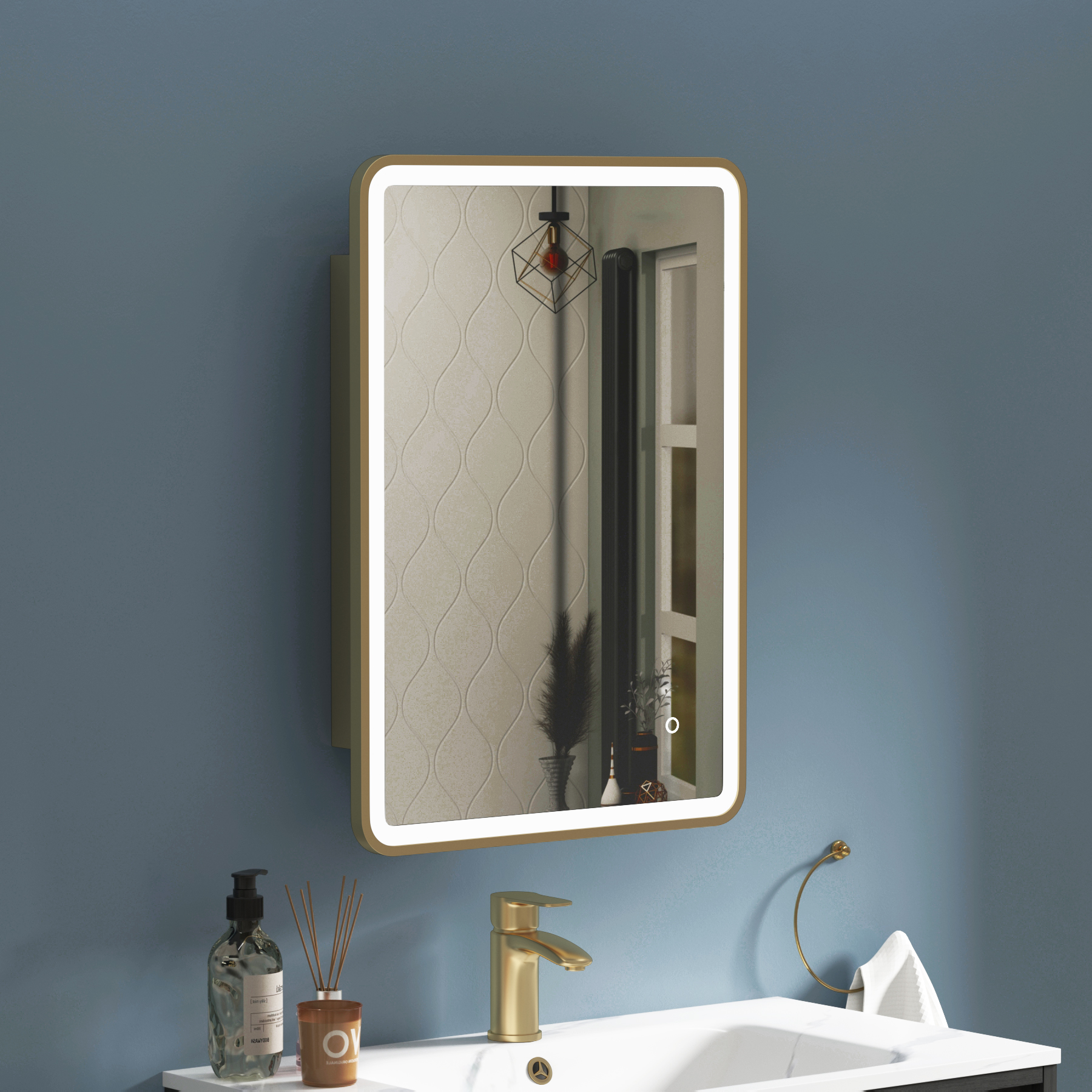Avenza Brushed Brass Frontlit LED Cabinet Illuminated Framed Mirror with Demister Pad & Touch Sensor