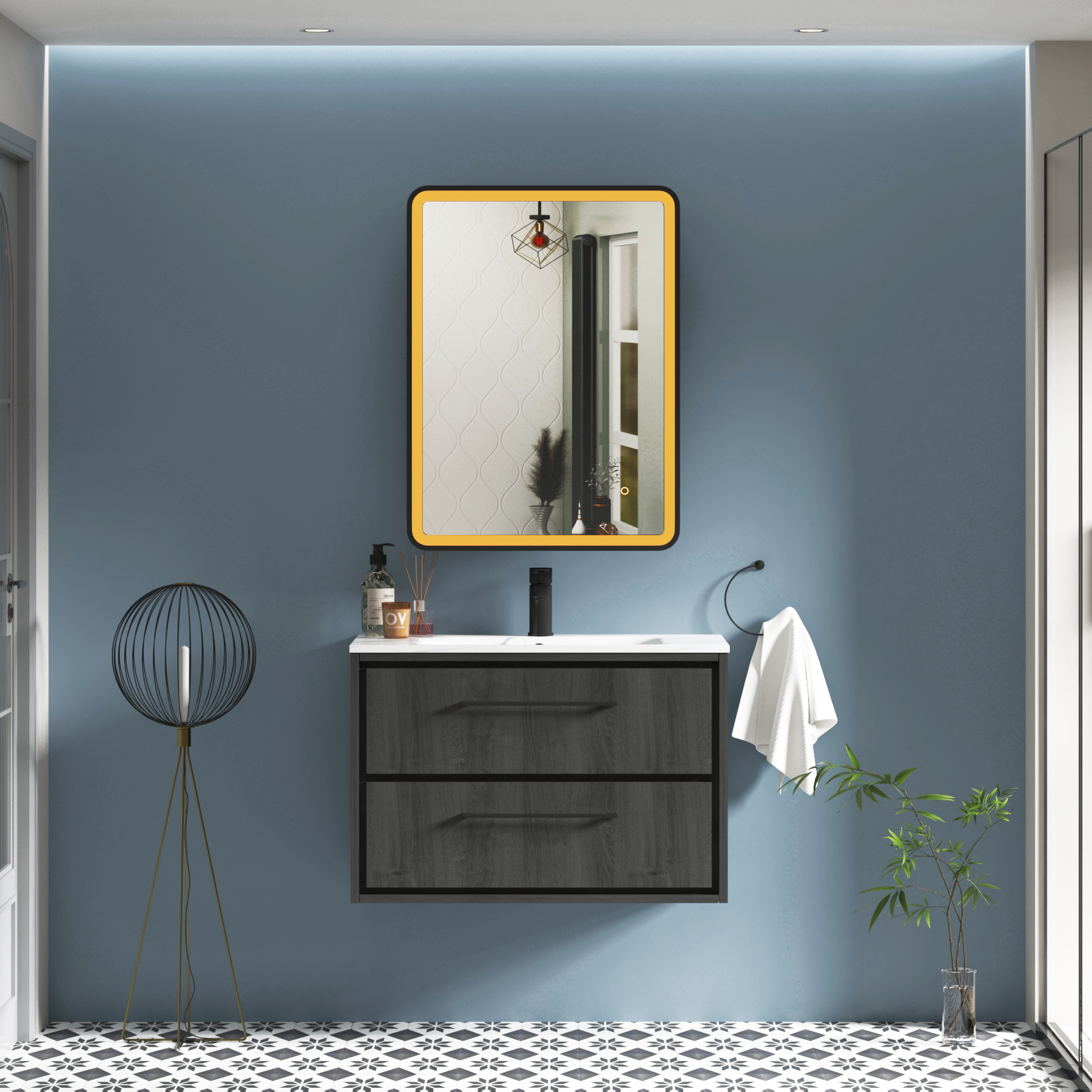 Avenza Matt Black Frontlit LED Cabinet Illuminated Mirror with Demister Pad & Touch Sensor