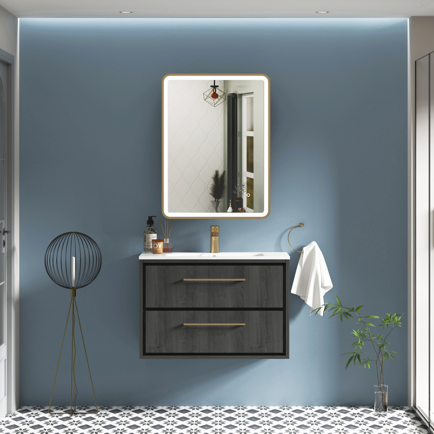 Avenza Brushed Brass Frontlit LED Cabinet Illuminated Framed Mirror with Demister Pad & Touch Sensor